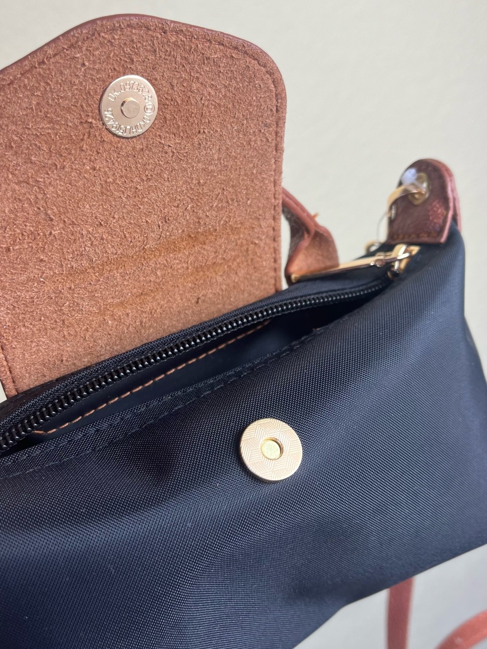 Mini crossbody bag, black color with brown trim, zippered small shoulder purse - Picture 4 of 10
